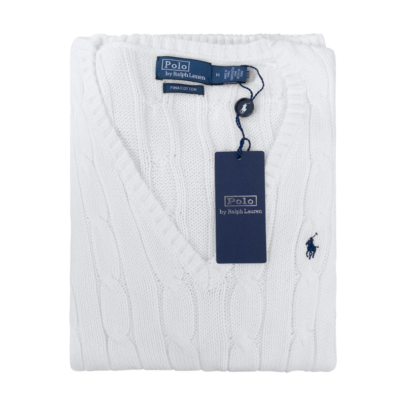 Ralph Lauren Polo White Cable-Knit Cotton V-Neck Jumper