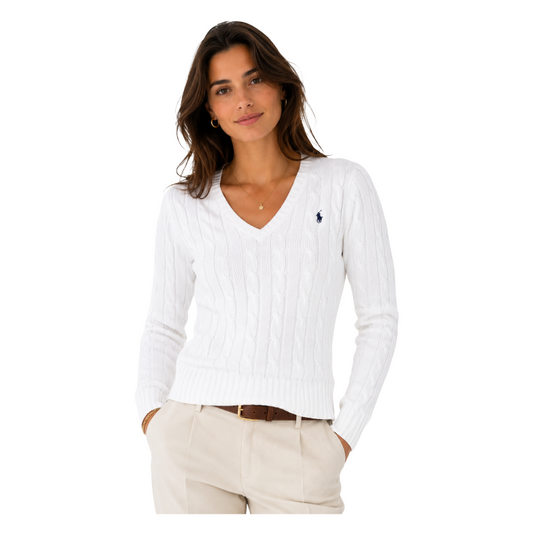 Ralph Lauren Polo White Cable-Knit Cotton V-Neck Jumper