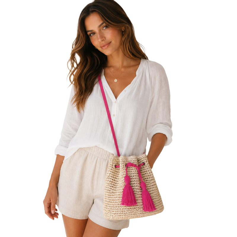 ASCANA Beige & Pink Cross Body Bag | Woven Straw Tassel Bag