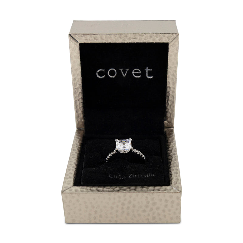 Covet Rhodium Cubic Zirconia Square Cut Silver Ring - Size 5