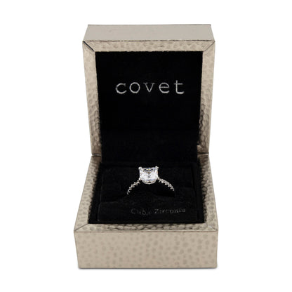 Covet Rhodium Cubic Zirconia Square Cut Silver Ring - Size 5
