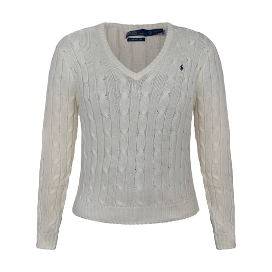 Ralph Lauren Polo Women's Cable-Knit Cotton V-Neck Jumper Parchment Cream